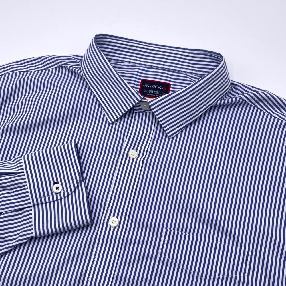 UNTUCKit Mens XXL Blue White Striped Performance Stretch Long Sleeve Shirt